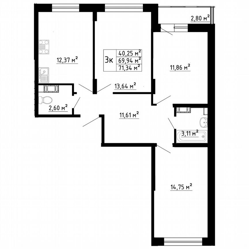 3-к. квартира, 70,2 м², 3/8 эт.