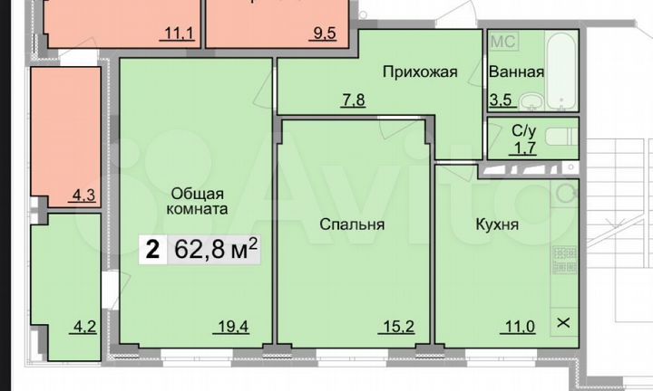 2-к. квартира, 62,8 м², 6/10 эт.