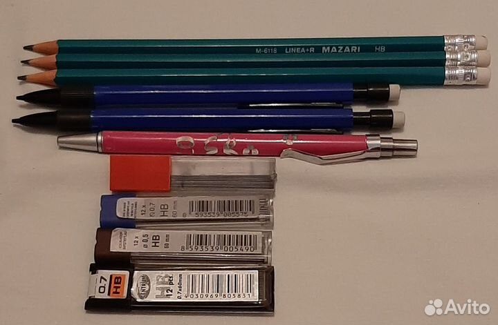 Карандаши, ластики, стержни