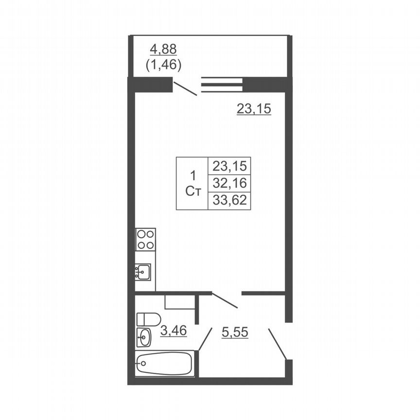 Квартира-студия, 33,6 м², 15/16 эт.