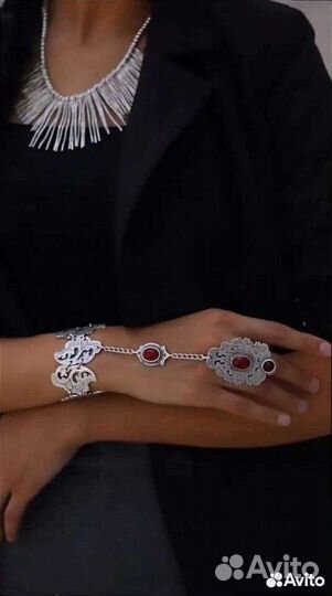 Браслет с кольцом слейв посеребренный Жади