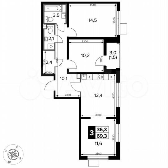 3-к. квартира, 69,3 м², 4/24 эт.