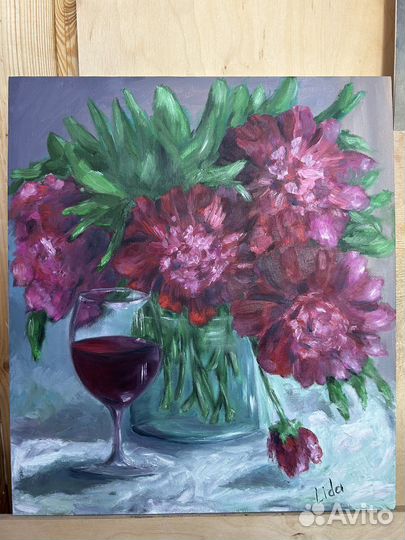 Картина масло букет пионов в вазе