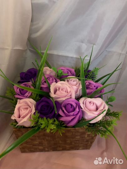 Букеты из мыльных цветов, шляпные коробки,корзины