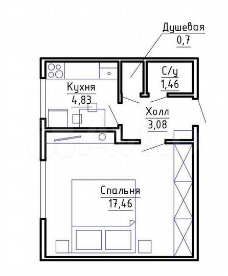 1-к. квартира, 28,7 м², 1/2 эт.