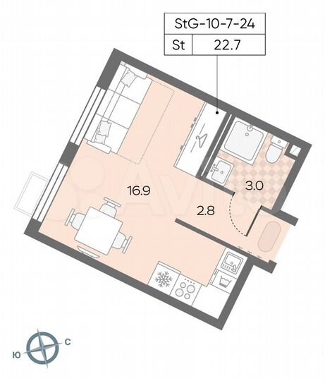 Квартира-студия, 22,7 м², 8/24 эт.
