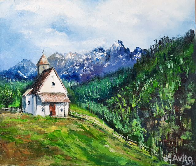 Картина церковь горы Картина маслом Горный пейзаж
