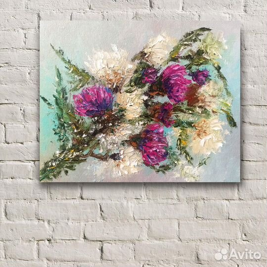 Картина маслом Чертополох Полевые цветы Пейзаж