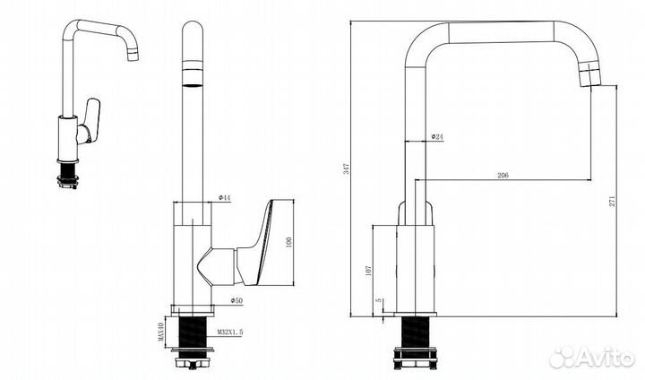 AQ1081CR вега смеситель для кухни (квадратный изл