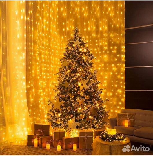 Гирлянда штора 3х3 жёлтая 300 ламп новая