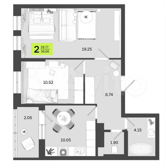 2-к. квартира, 56,7 м², 10/14 эт.