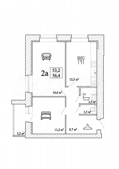 2-к. квартира, 56,4 м², 3/8 эт.
