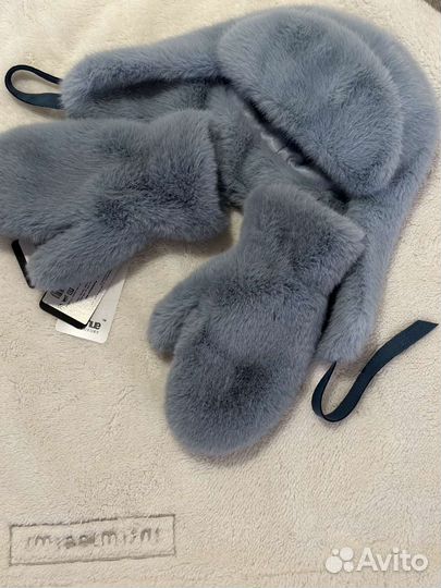 Варежки и шапка ушанка из экомеха норки