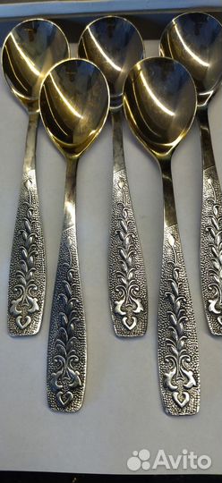 Ложки чайные 5шт, мельхиор С позолотой СССР новые