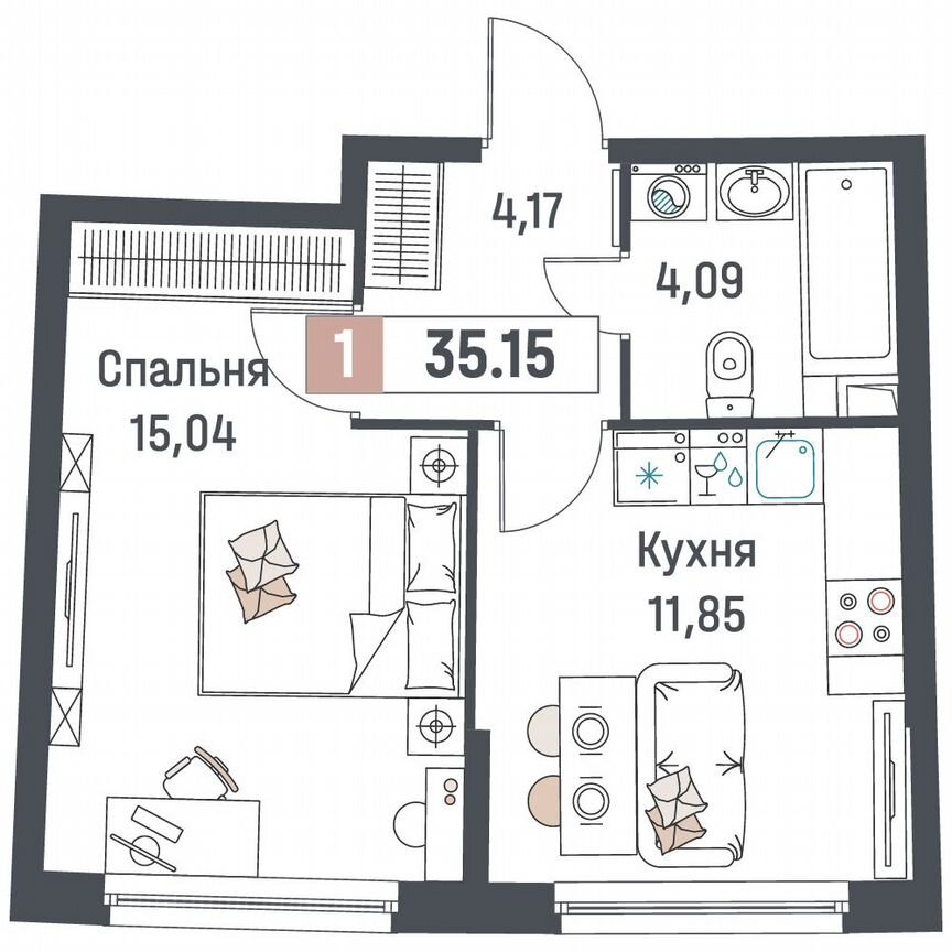 1-к. квартира, 35,2 м², 2/18 эт.