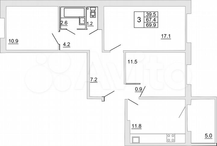 3-к. квартира, 69,9 м², 8/10 эт.
