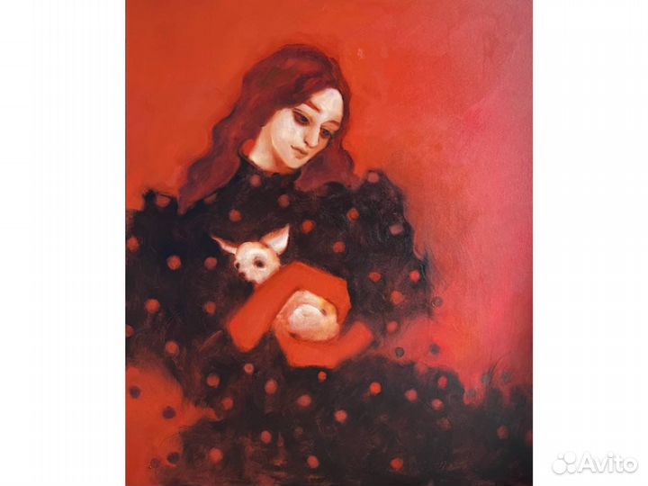Картина маслом девушка и собакой терьер винтаж