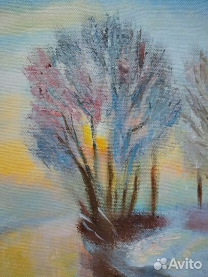 Картина маслом зимний пейзаж с рекой