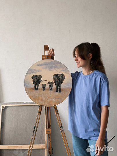 Карина маслом на заказ, картина слоны, пейзаж