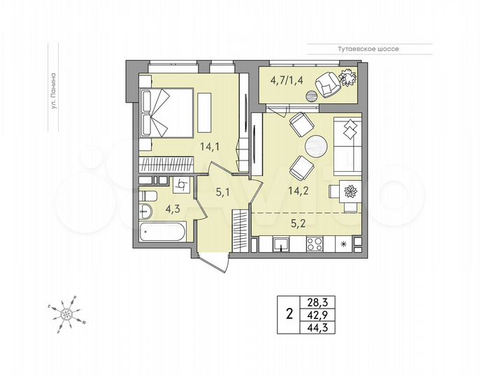 2-к. квартира, 44,3 м², 6/9 эт.