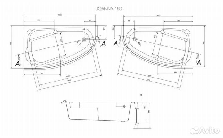 Ванна асимметричная joanna 160x95 правая cersanit