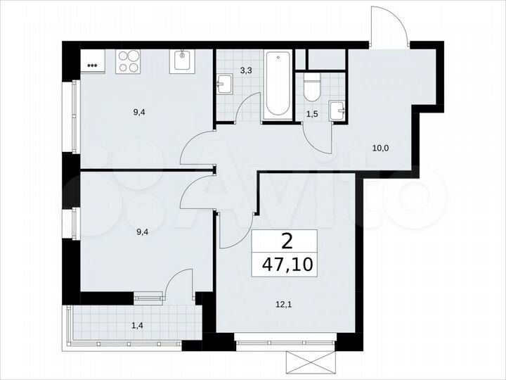 2-к. квартира, 47,1 м², 5/9 эт.