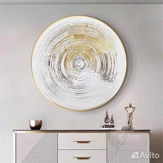 Картина в круглой раме Текстурная белая картина