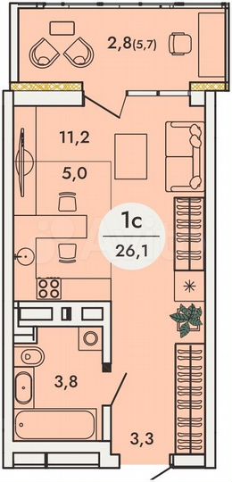 1-к. квартира, 26,1 м², 3/16 эт.
