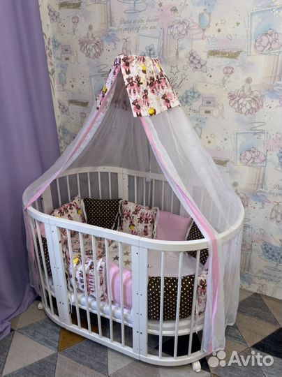 Детская кроватка овальная с бортиками 7в1