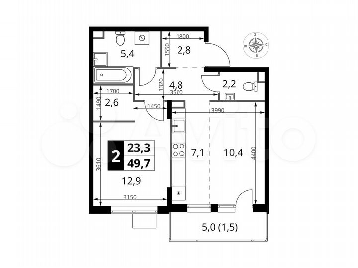 2-к. квартира, 49,7 м², 17/17 эт.