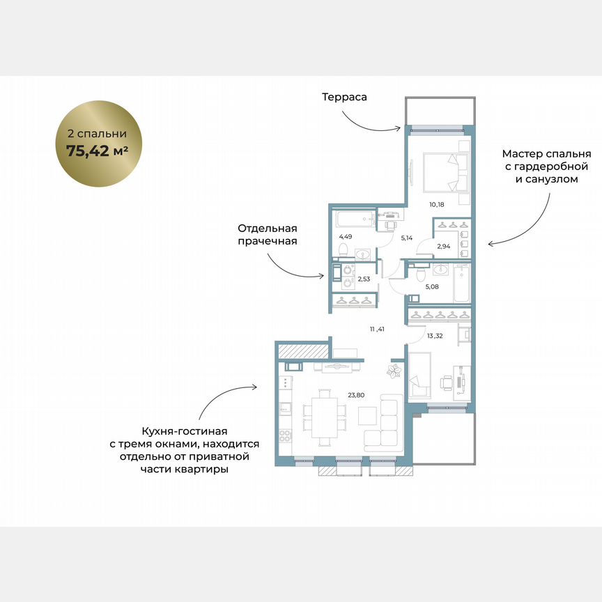 2-к. квартира, 75,4 м², 2/5 эт.