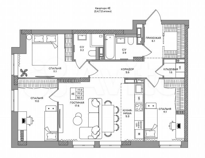 4-к. квартира, 77 м², 8/9 эт.