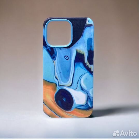 Чехол для iPh 14 PRO MAX leather case marble blue