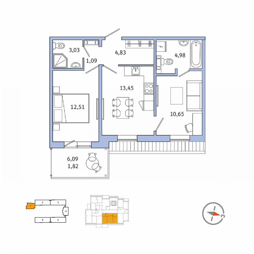 2-к. квартира, 50,4 м², 5/5 эт.