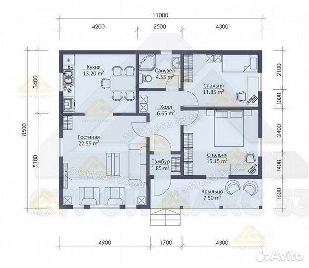 Дом каркасный под ключ 83 м² проект Ольгино