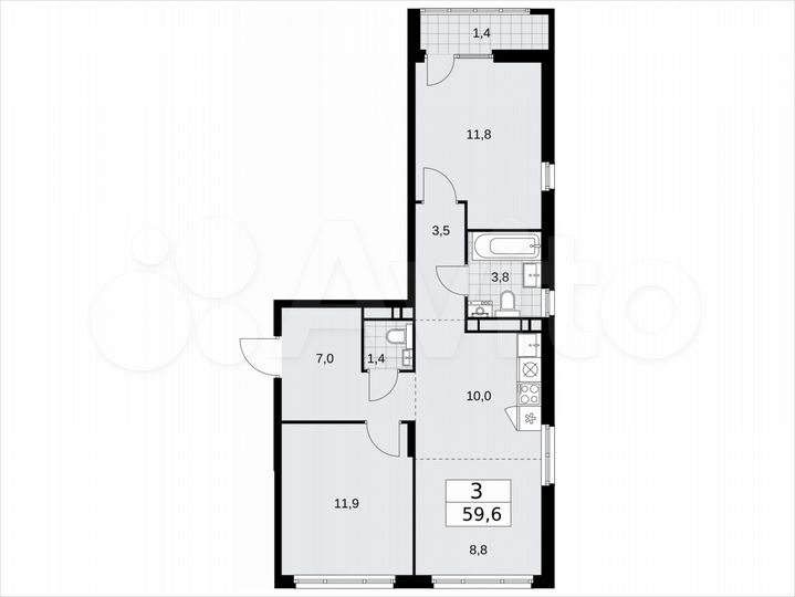 3-к. квартира, 59,6 м², 10/16 эт.