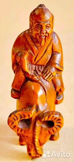 Лао Цзы на быке. Нэцке. Самшит, резьба. Размер 6,5