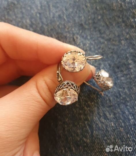 Серьги, кольцо горный хрусталь,серебро СССР