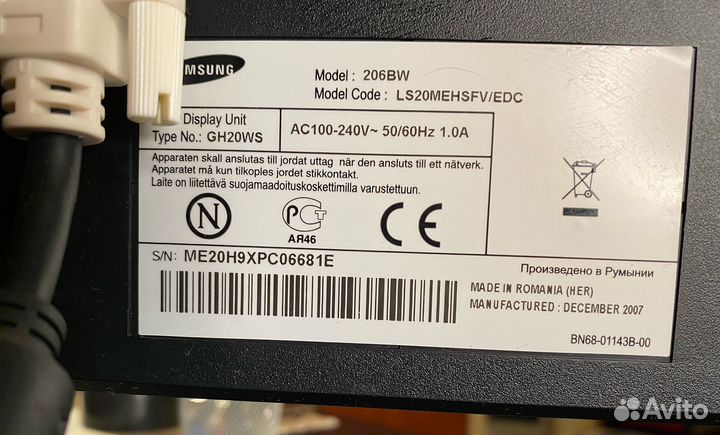 Монитор Samsung SyncMaster 206BW 20 дюймов рабочий