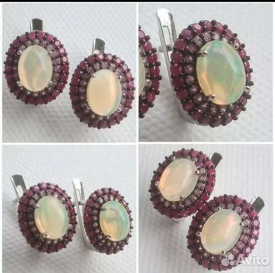 Серебряные серьги с гранатом, изумрудом, опалом