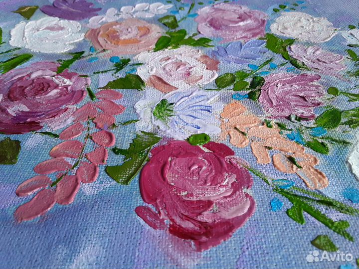 Картина маслом цветы, розы, весенний букет