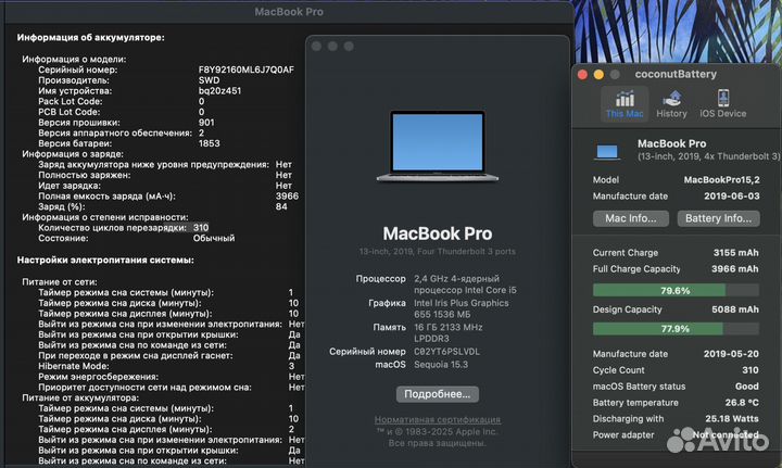 Apple macbook pro 13 2019 - 310 циклов