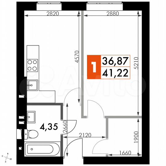 1-к. квартира, 41,2 м², 2/4 эт.