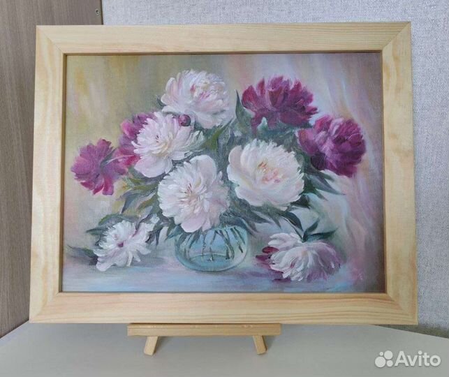 Картина маслом цветы пионы космеи незабудки