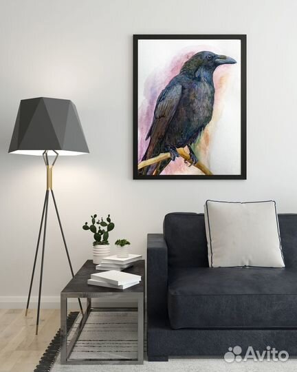 Картина черный ворон акварелью 20x30 см