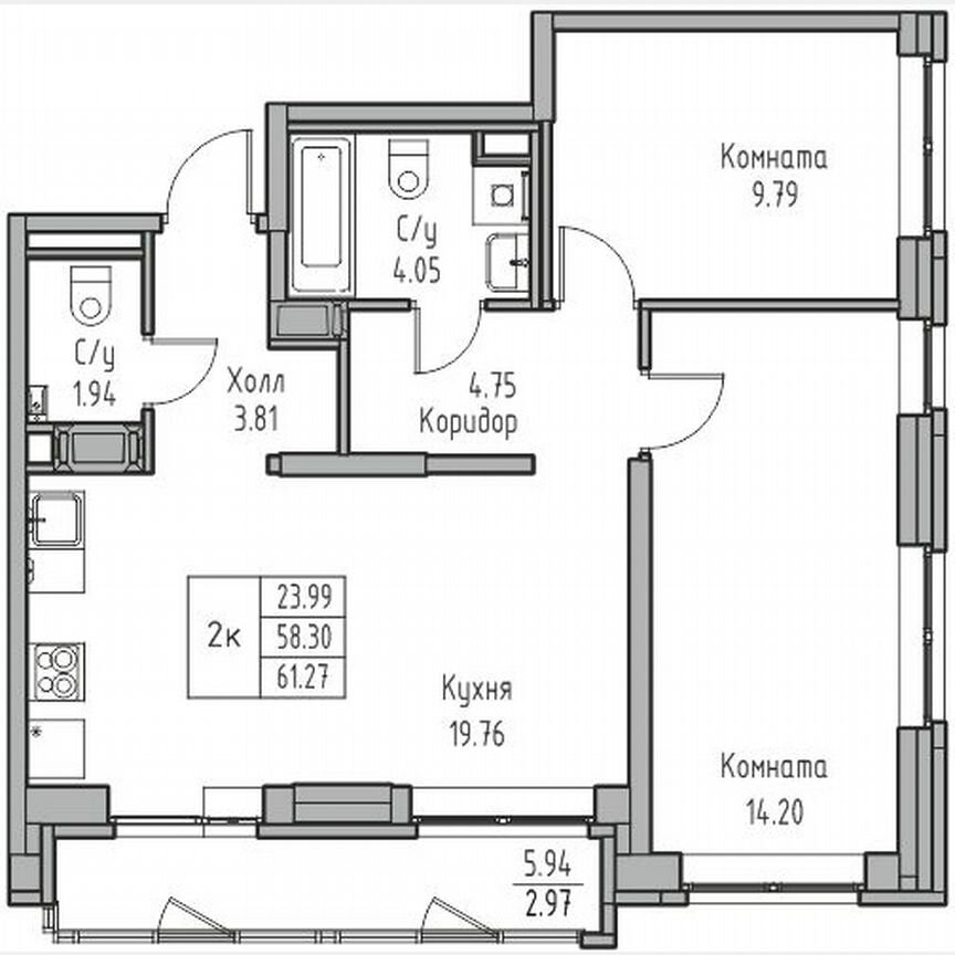 2-к. квартира, 61,3 м², 2/23 эт.