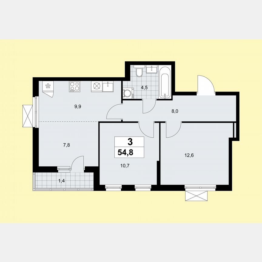 3-к. квартира, 54,8 м², 2/9 эт.