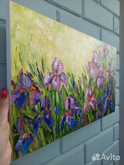 Картина ирисы маслом цветы на холсте 50х30 см