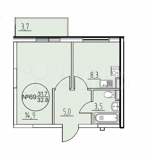 1-к. квартира, 32,8 м², 3/3 эт.