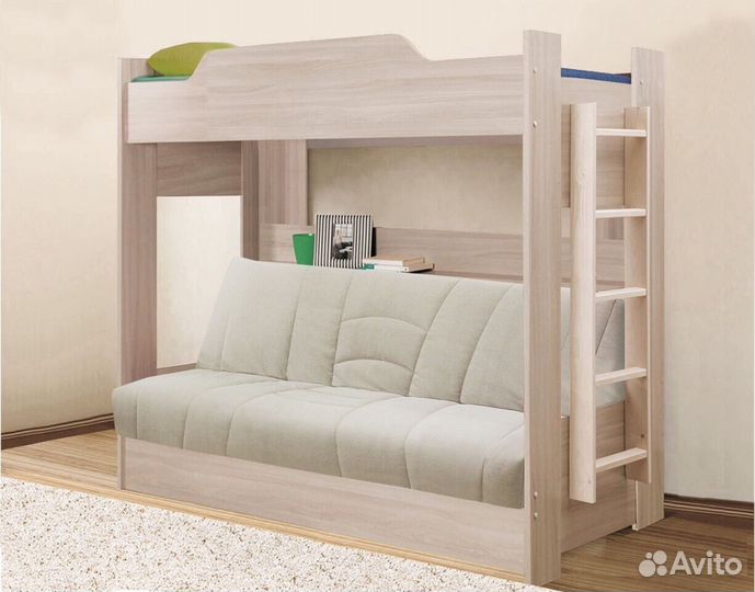 Детская Белая Двухъярусная Кровать с Диваном